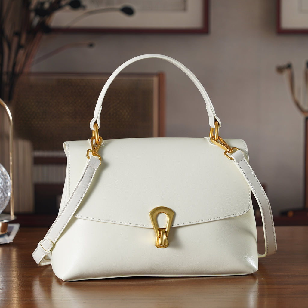 Genuine Leather Top-Handle Satchel Bag with Adjustable Shoulder Strap - Cream_8566637_1