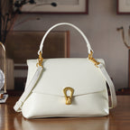 Genuine Leather Top-Handle Satchel Bag with Adjustable Shoulder Strap - Cream_8566637_1
