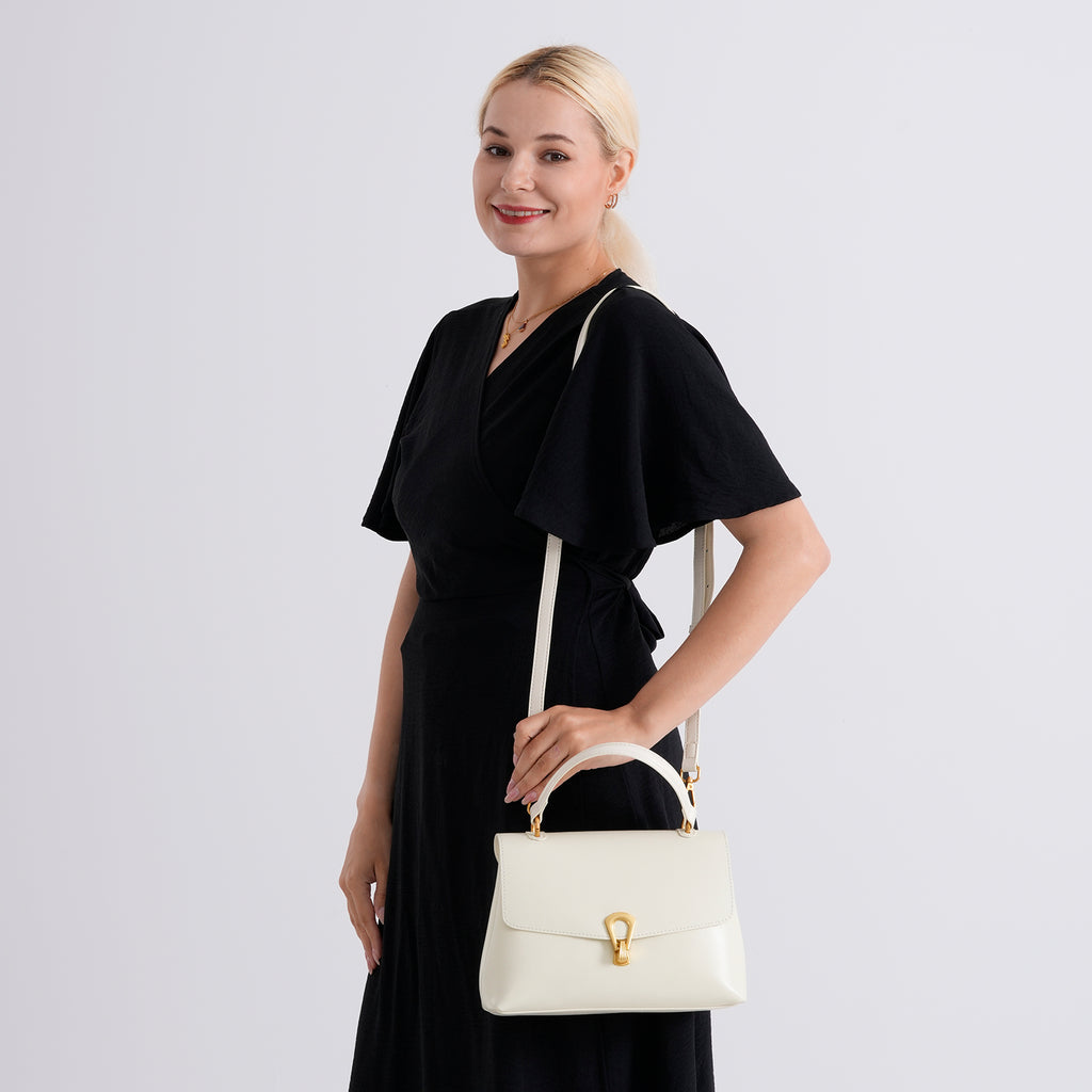 Genuine Leather Top-Handle Satchel Bag with Adjustable Shoulder Strap - Cream_8566637_2