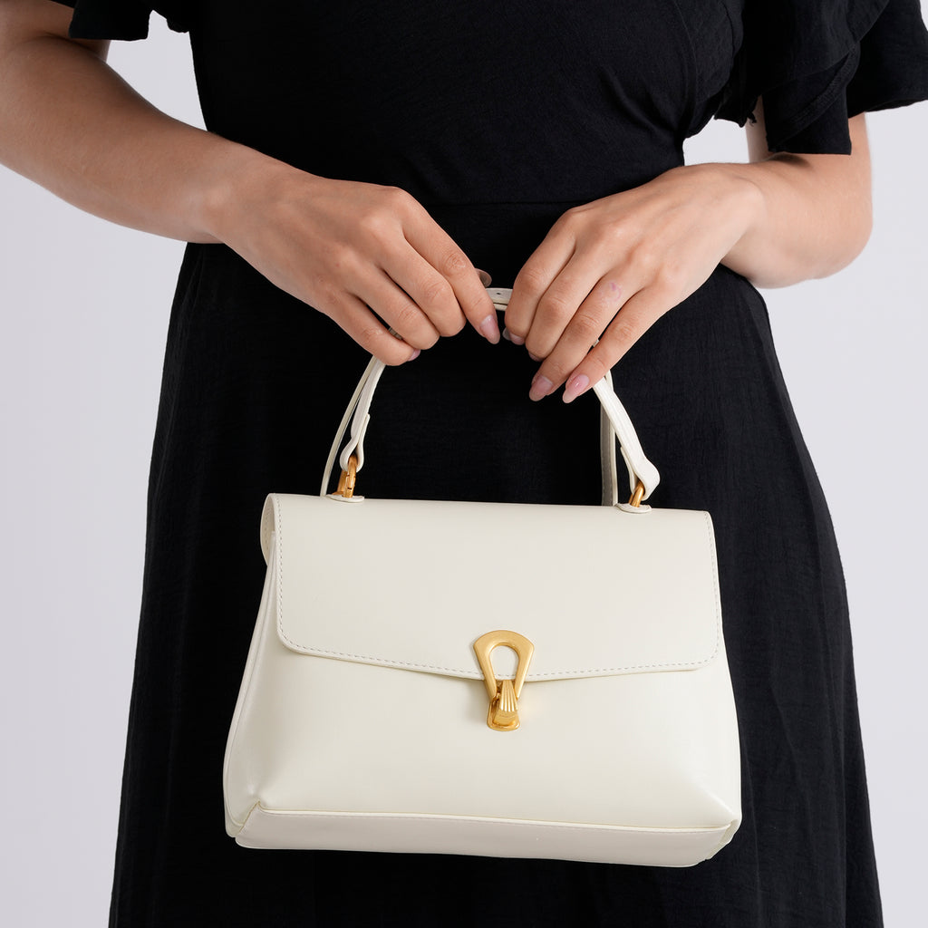 Genuine Leather Top-Handle Satchel Bag with Adjustable Shoulder Strap - Cream_8566637_3