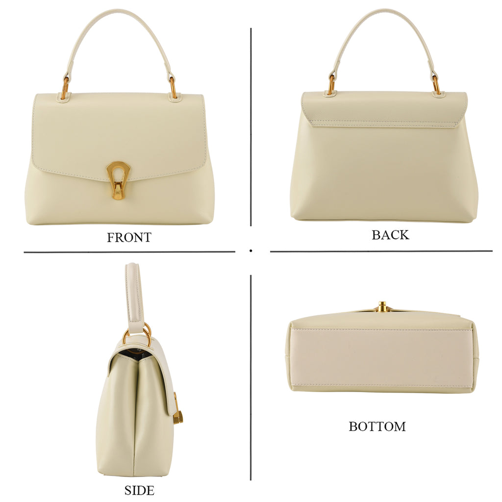 Genuine Leather Top-Handle Satchel Bag with Adjustable Shoulder Strap - Cream_8566637_4