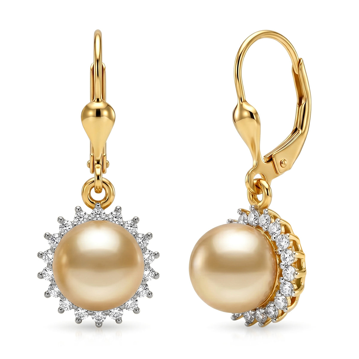 Luxuriant - AAA Golden South Sea Pearl (9-11mm) &amp; Lab Grown Diamond (0.58ct) (SI/G-H) Lever Back Earring in 18K Vermeil Yellow Gold Plated Sterling Silver 8566650 0