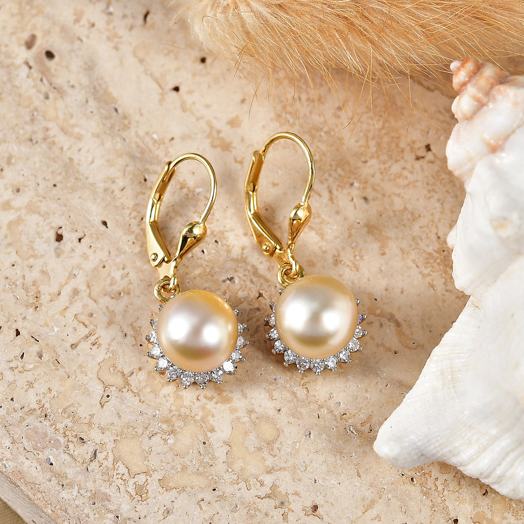 Luxuriant - AAA Golden South Sea Pearl (9-11mm) & Lab Grown Diamond (0.58ct) (SI/G-H) Lever Back Earring in 18K Vermeil Yellow Gold Plated Sterling Silver_8566650_2