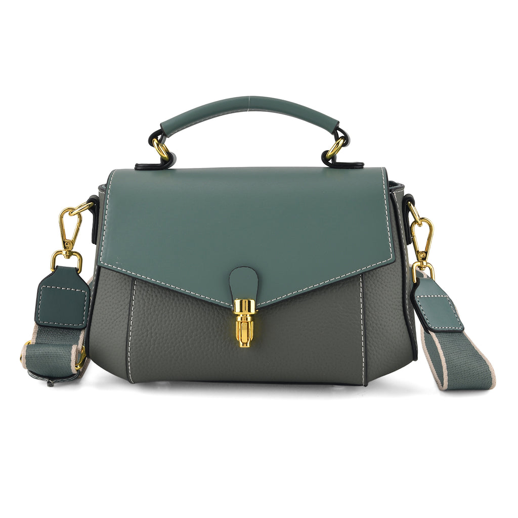 Genuine Leather Flap Over Satchel Crossbody Bag with 2 Straps - Dark Green_8566685