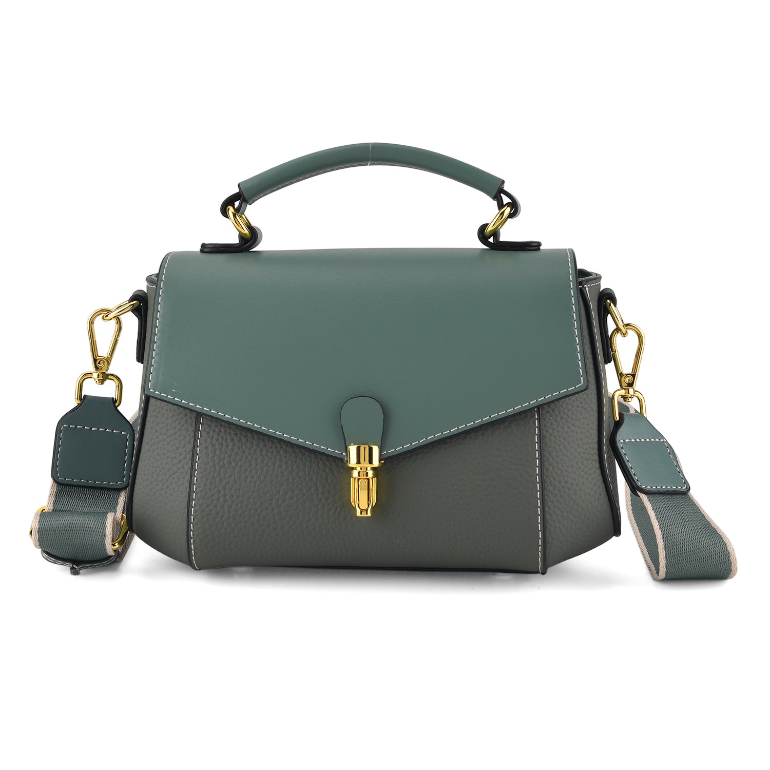 Genuine Leather Flap Over Satchel Crossbody Bag with 2 Straps - Dark Green 8566685 0