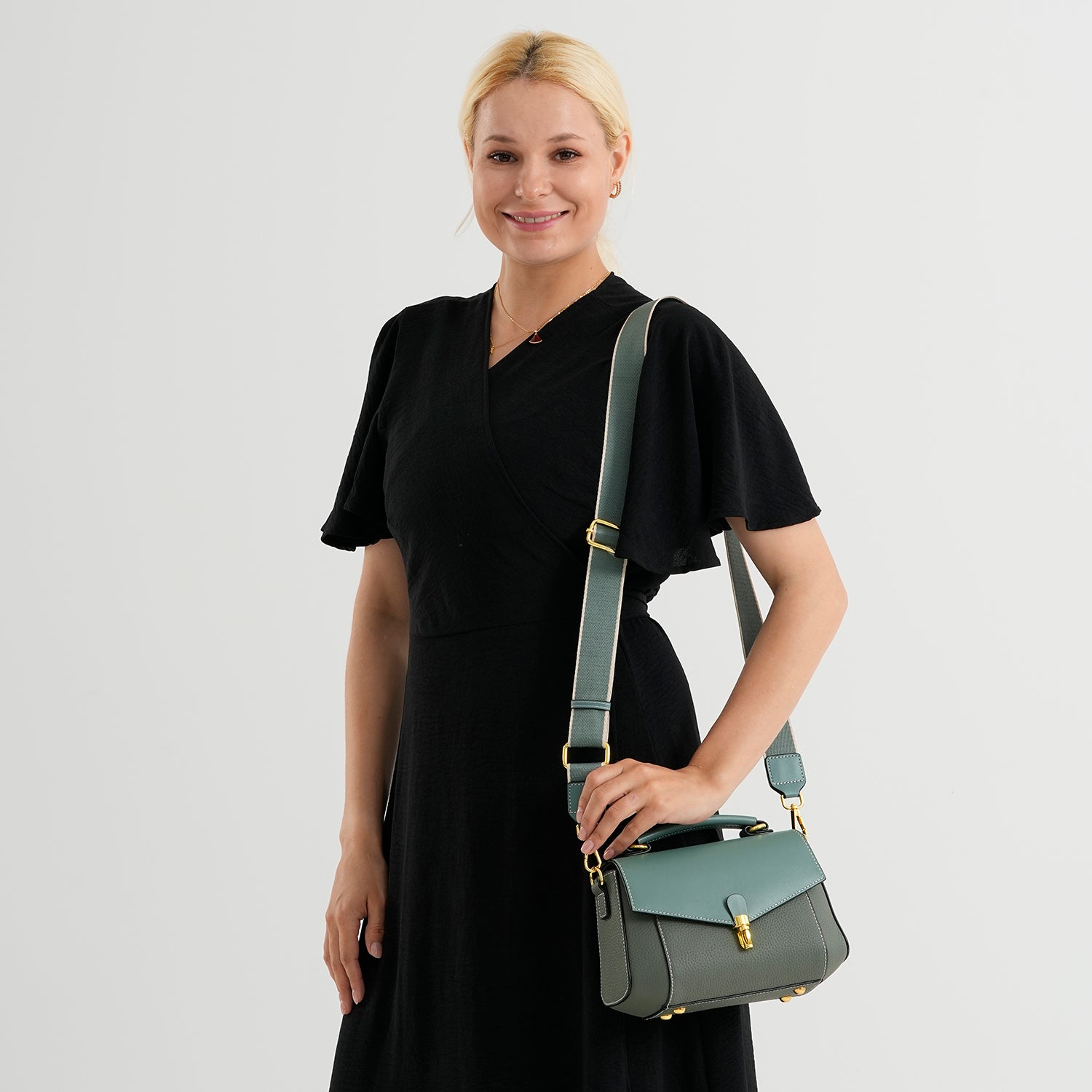 Genuine Leather Flap Over Satchel Crossbody Bag with 2 Straps - Dark Green 8566685 2