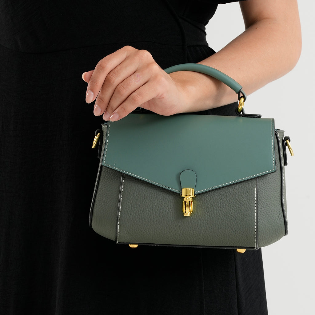 Genuine Leather Flap Over Satchel Crossbody Bag with 2 Straps - Dark Green_8566685_3