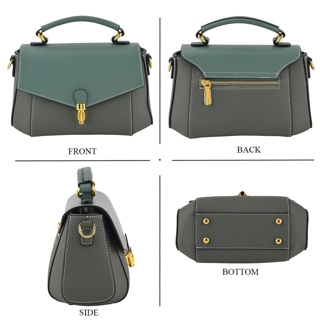 Genuine Leather Flap Over Satchel Crossbody Bag with 2 Straps - Dark Green_8566685_4