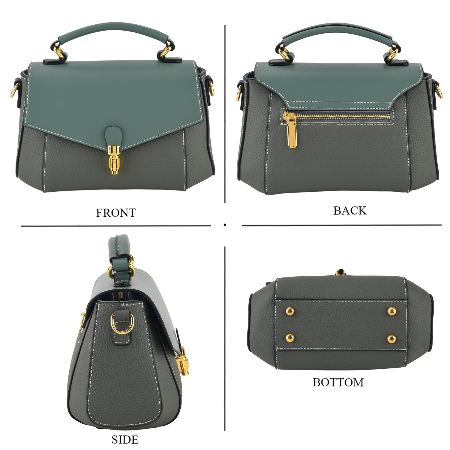 Genuine Leather Flap Over Satchel Crossbody Bag with 2 Straps - Dark Green 8566685 4