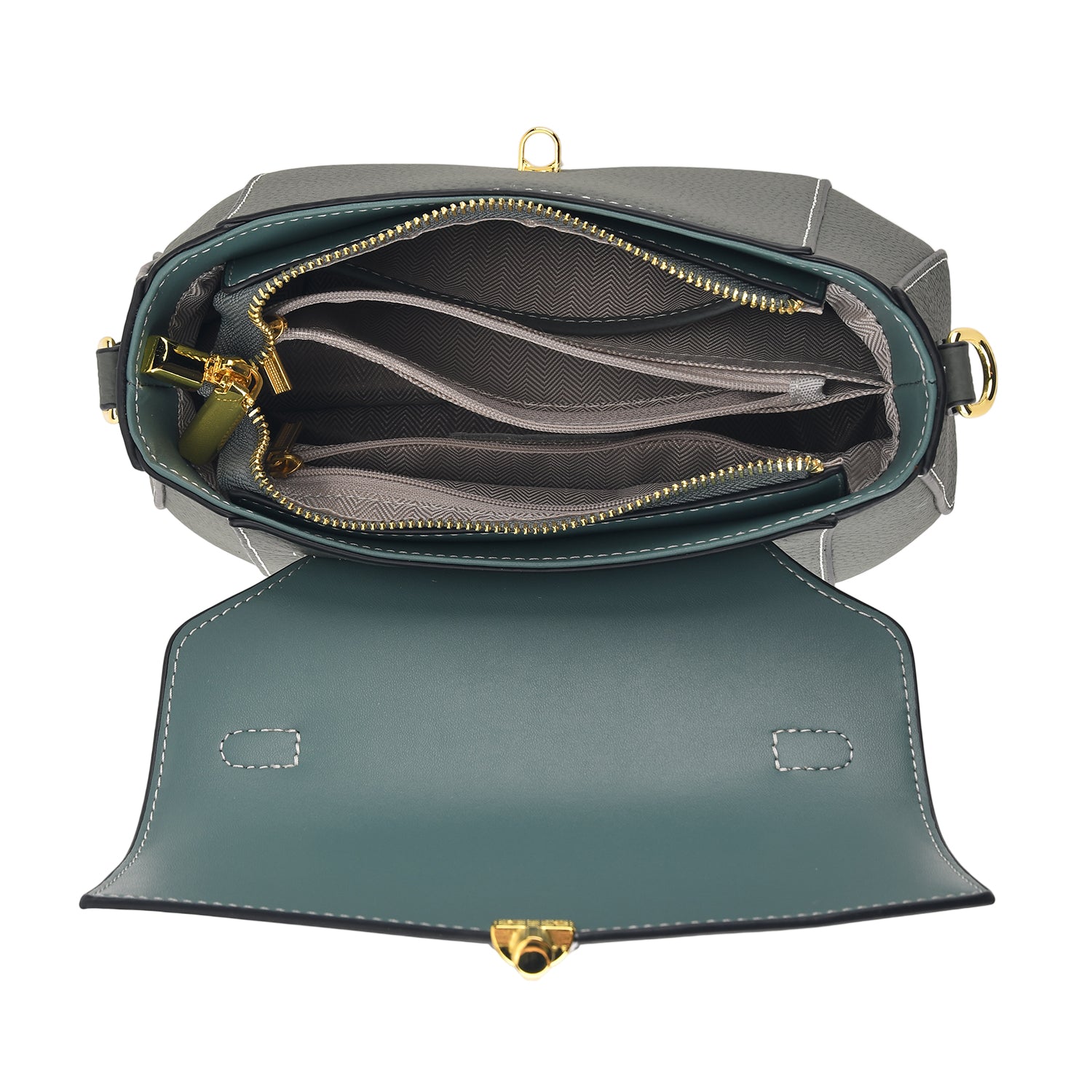 Genuine Leather Flap Over Satchel Crossbody Bag with 2 Straps - Dark Green 8566685 5