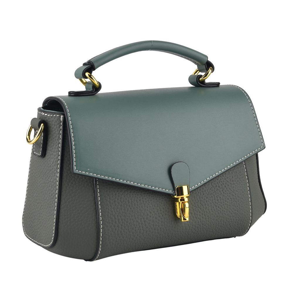 Genuine Leather Flap Over Satchel Crossbody Bag with 2 Straps - Dark Green_8566685_7