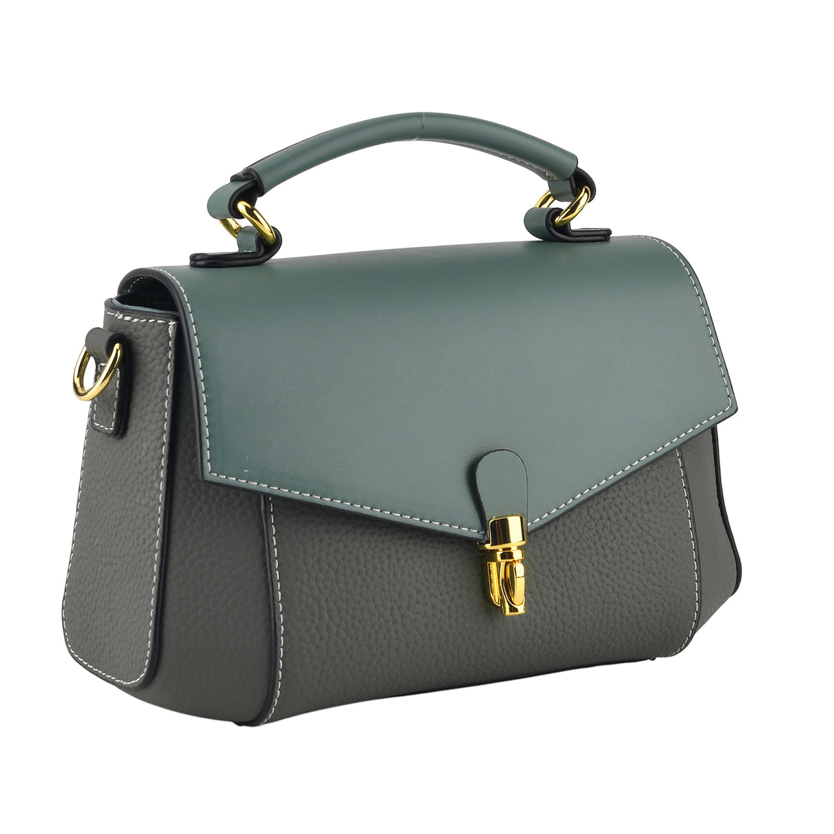 Genuine Leather Flap Over Satchel Crossbody Bag with 2 Straps - Dark Green 8566685 7