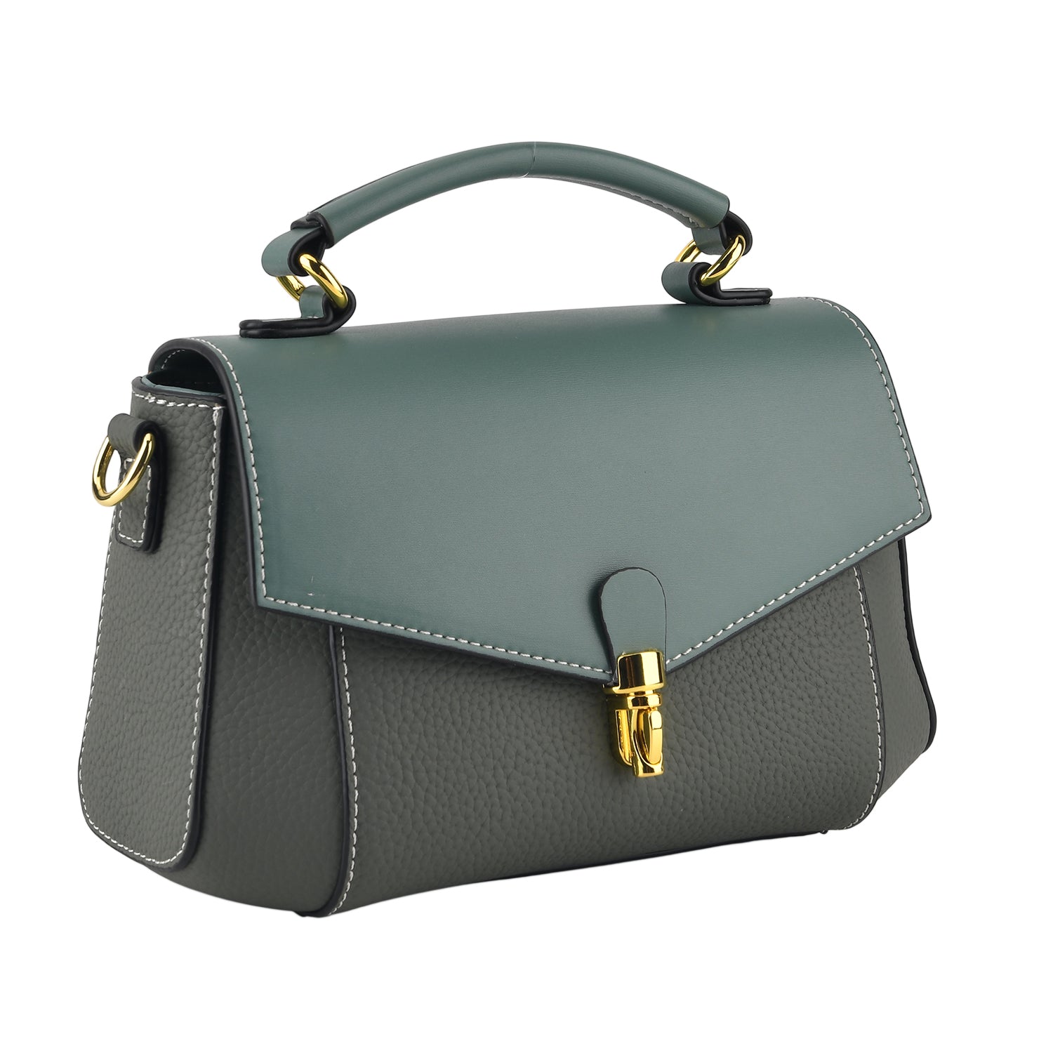 Genuine Leather Flap Over Satchel Crossbody Bag with 2 Straps - Dark Green 8566685 7