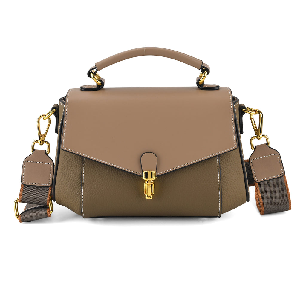 Genuine Leather Flap Over Satchel Crossbody Bag with 2 Straps - Khaki_8566686