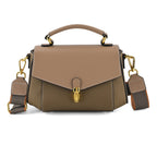 Genuine Leather Flap Over Satchel Crossbody Bag with 2 Straps - Khaki_8566686