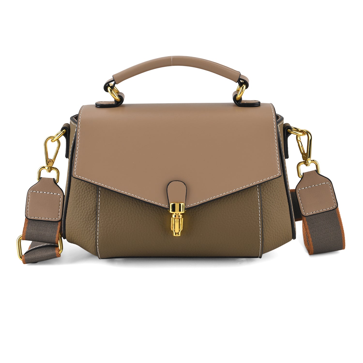 Genuine Leather Flap Over Satchel Crossbody Bag with 2 Straps - Khaki V32519687 0
