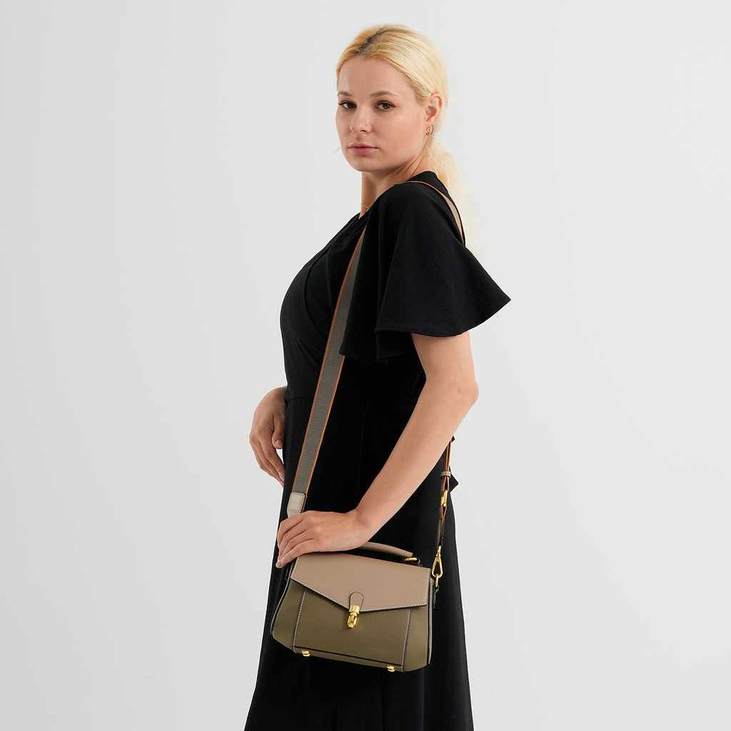 Genuine Leather Flap Over Satchel Crossbody Bag with 2 Straps - Khaki_8566686_2