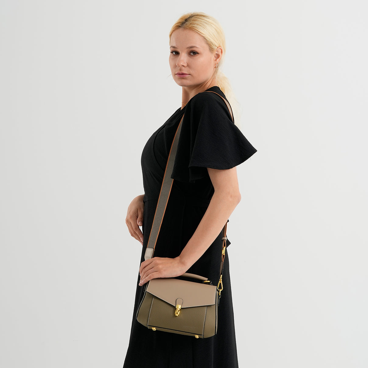Genuine Leather Flap Over Satchel Crossbody Bag with 2 Straps - Khaki V32519687 2