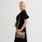 Genuine Leather Flap Over Satchel Crossbody Bag with 2 Straps - Khaki_8566686_2