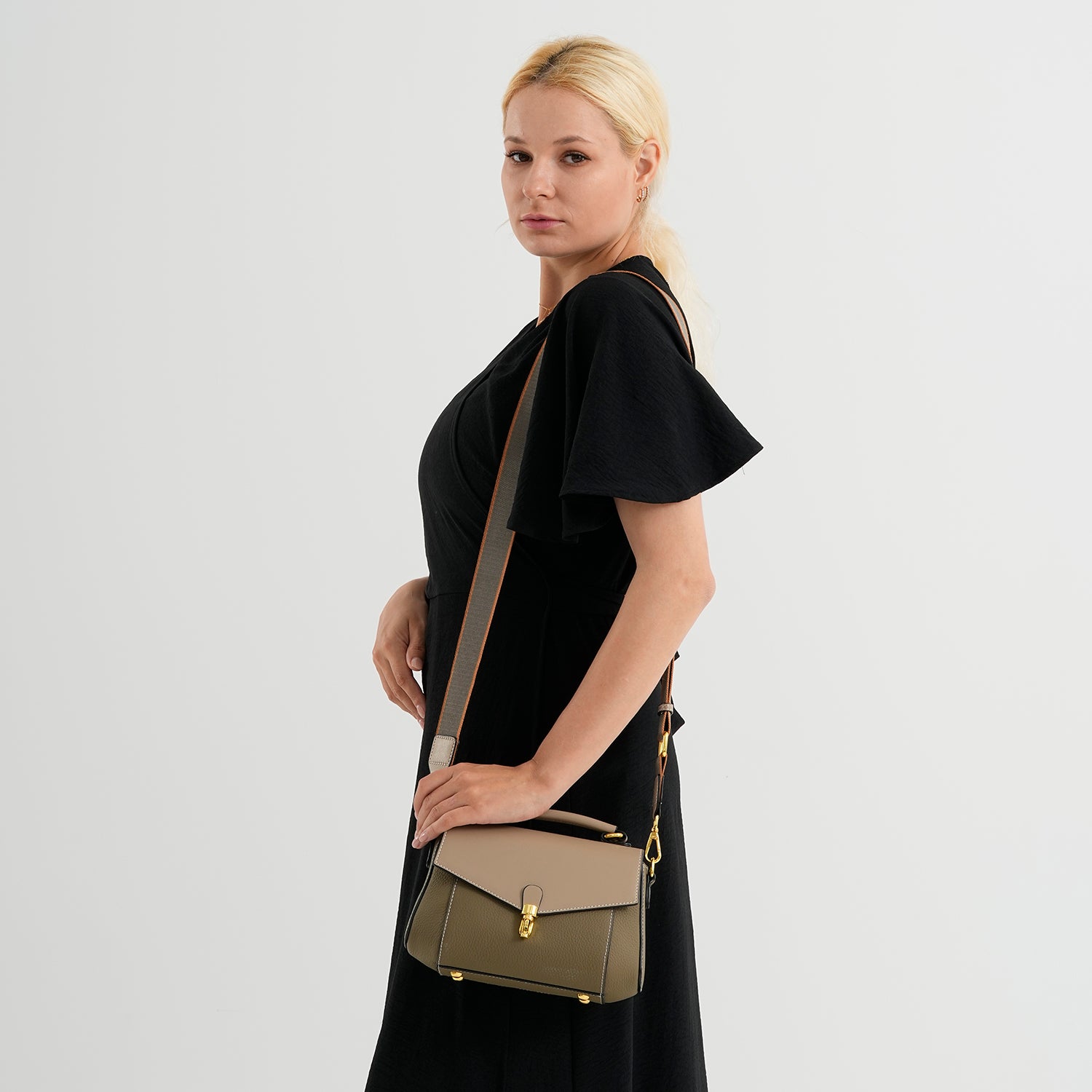 Genuine Leather Flap Over Satchel Crossbody Bag with 2 Straps - Khaki V32519687 2