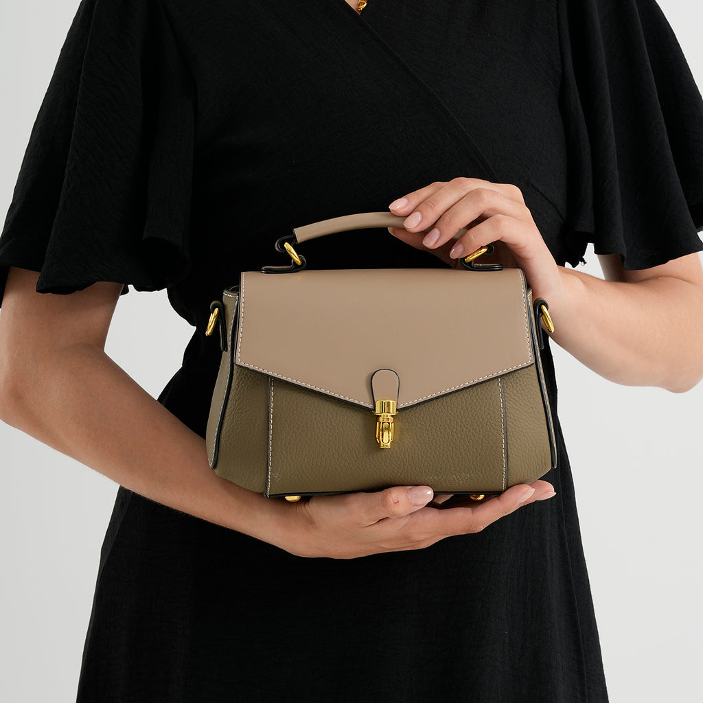 Genuine Leather Flap Over Satchel Crossbody Bag with 2 Straps - Khaki_8566686_3