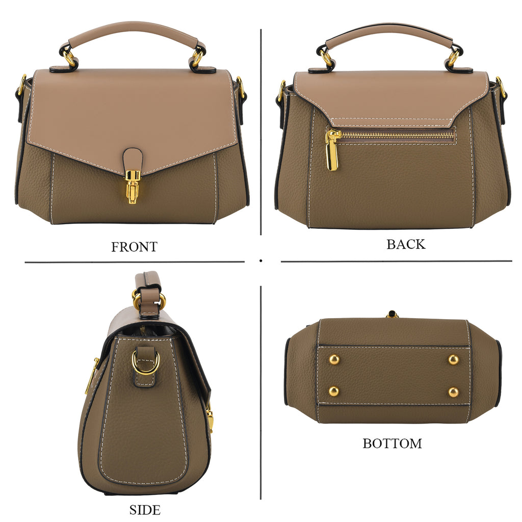 Genuine Leather Flap Over Satchel Crossbody Bag with 2 Straps - Khaki_8566686_4