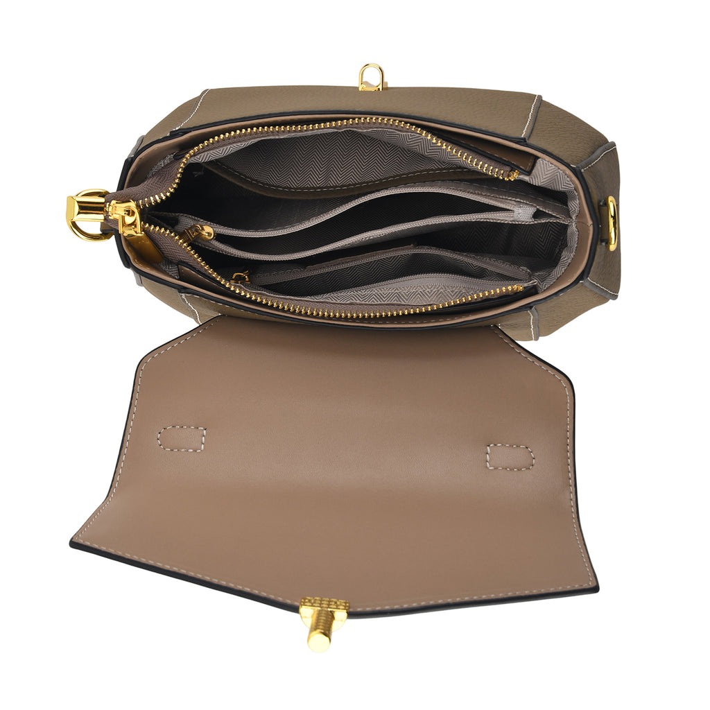 Genuine Leather Flap Over Satchel Crossbody Bag with 2 Straps - Khaki_8566686_5