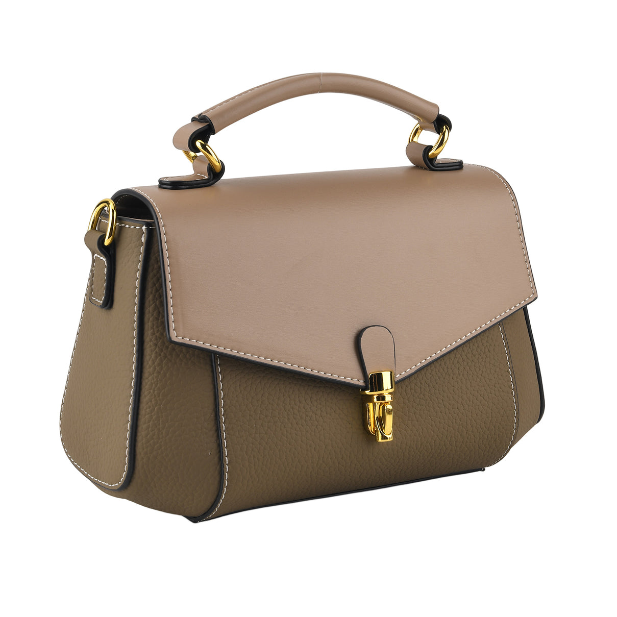 Genuine Leather Flap Over Satchel Crossbody Bag with 2 Straps - Khaki V32519687 7