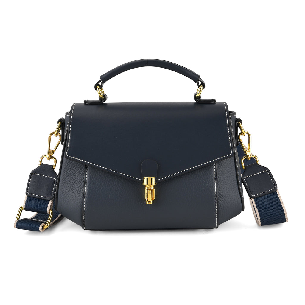 Genuine Leather Flap Over Satchel Crossbody Bag with 2 Straps - Navy_8566687