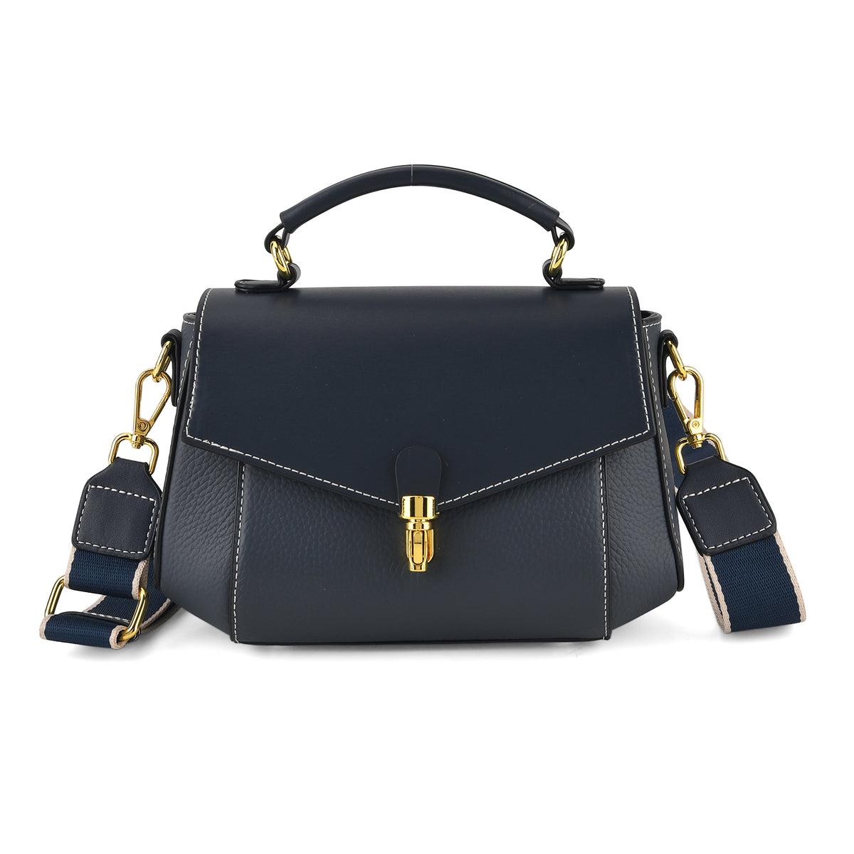 Genuine Leather Flap Over Satchel Crossbody Bag with 2 Straps - Navy V32520459 0