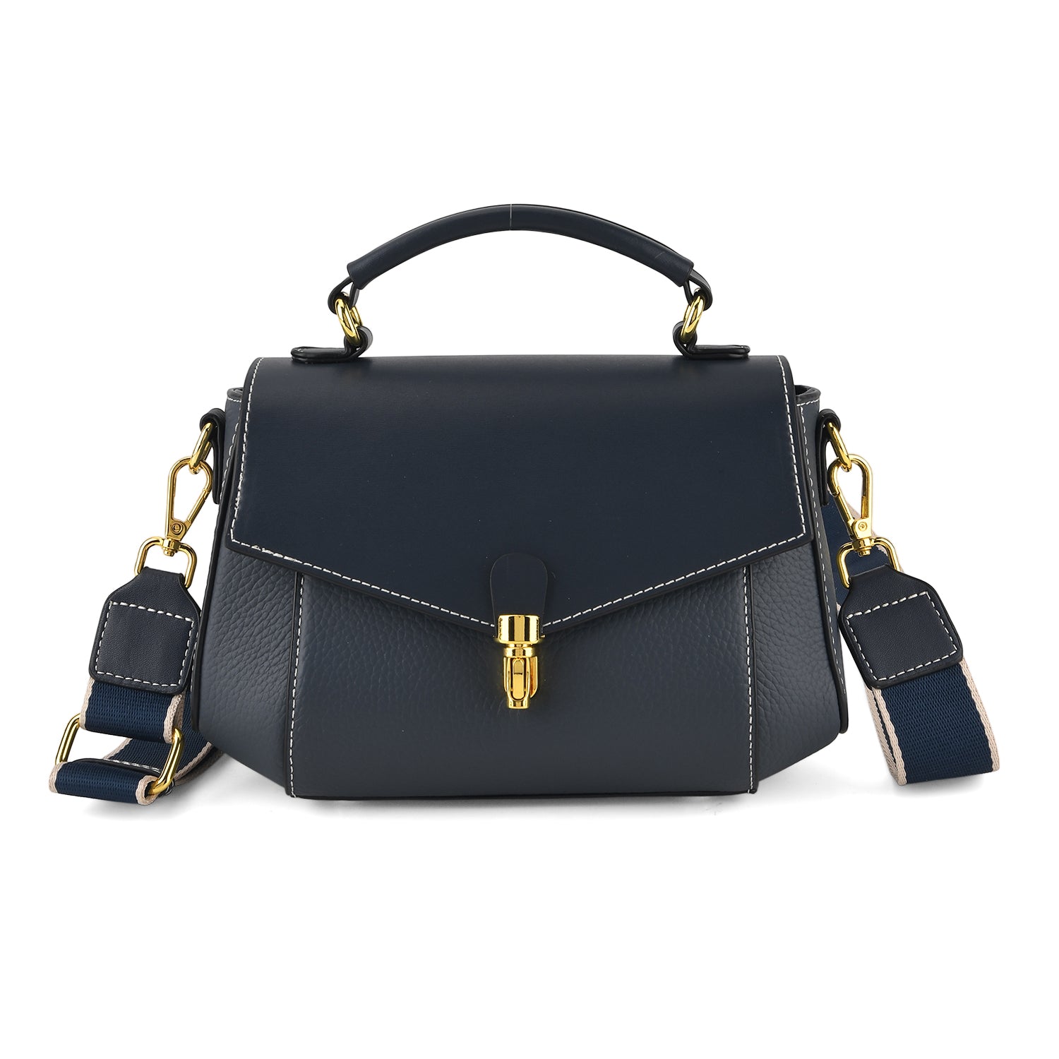 Genuine Leather Flap Over Satchel Crossbody Bag with 2 Straps - Navy V32520459 0