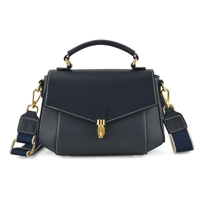 Genuine Leather Flap Over Satchel Crossbody Bag with 2 Straps - Navy 8566687 1