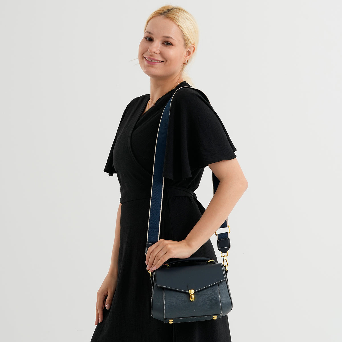Genuine Leather Flap Over Satchel Crossbody Bag with 2 Straps - Navy V32520459 2