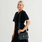 Genuine Leather Flap Over Satchel Crossbody Bag with 2 Straps - Navy_8566687_2