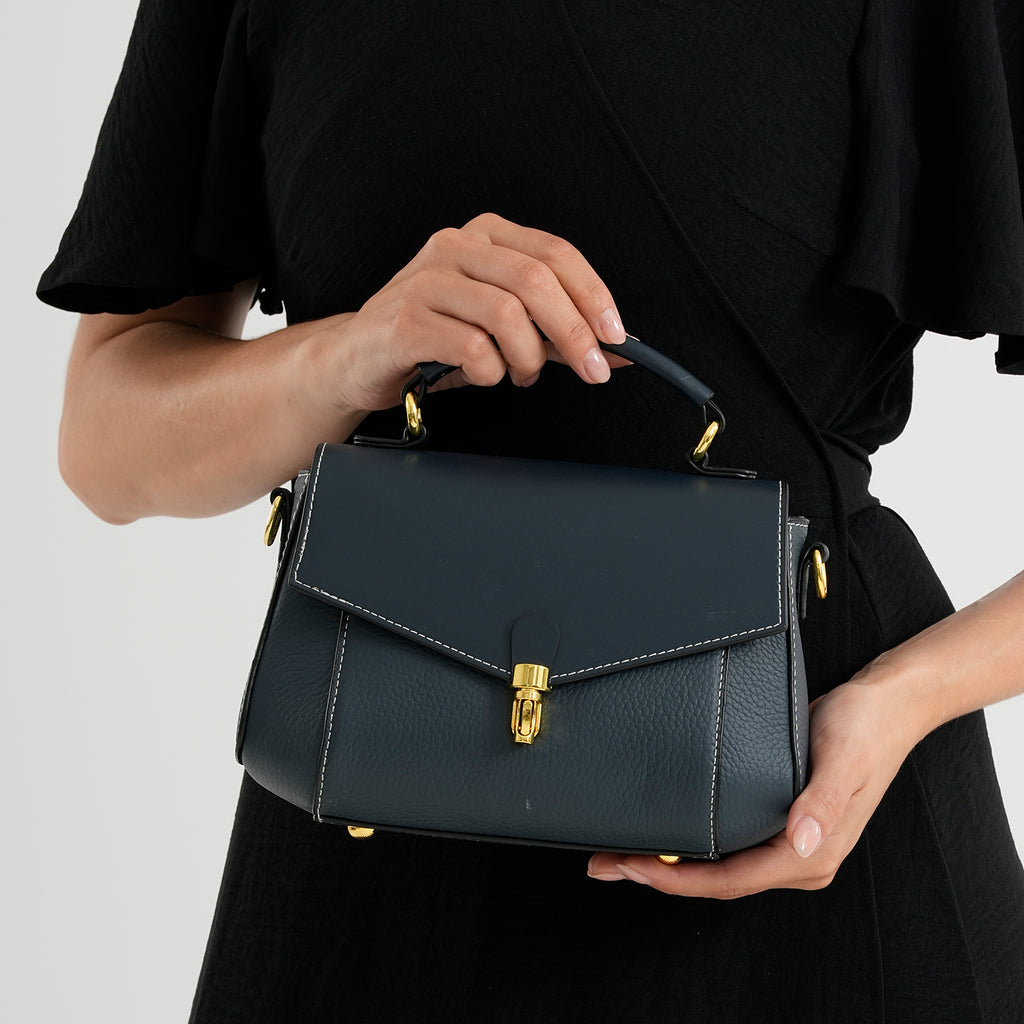 Genuine Leather Flap Over Satchel Crossbody Bag with 2 Straps - Navy_8566687_3