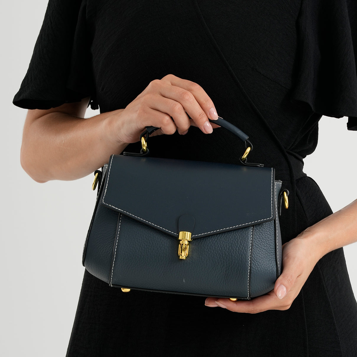 Genuine Leather Flap Over Satchel Crossbody Bag with 2 Straps - Navy V32520459 3