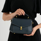 Genuine Leather Flap Over Satchel Crossbody Bag with 2 Straps - Navy_8566687_3