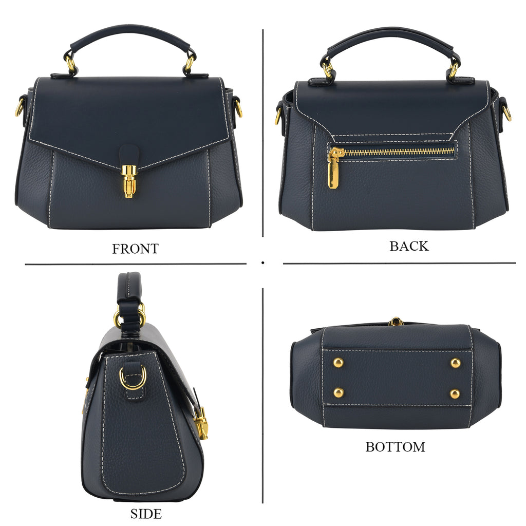 Genuine Leather Flap Over Satchel Crossbody Bag with 2 Straps - Navy_8566687_4