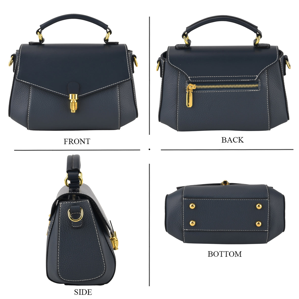Genuine Leather Flap Over Satchel Crossbody Bag with 2 Straps - Navy V32520459 4