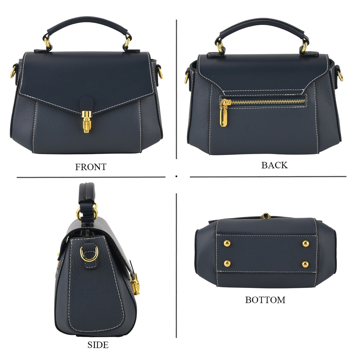 Genuine Leather Flap Over Satchel Crossbody Bag with 2 Straps - Navy V32520459 4