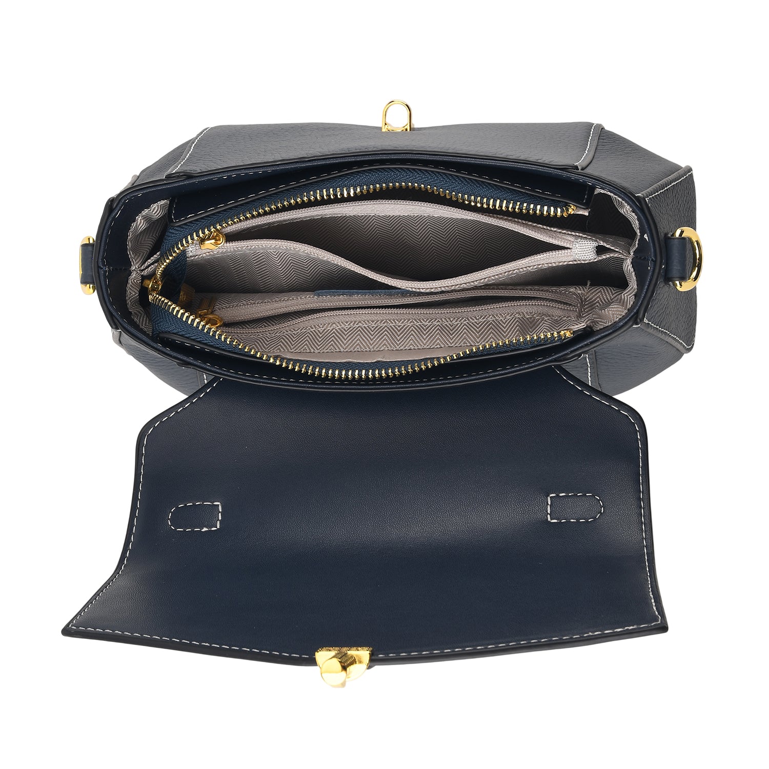 Genuine Leather Flap Over Satchel Crossbody Bag with 2 Straps - Navy V32520459 5