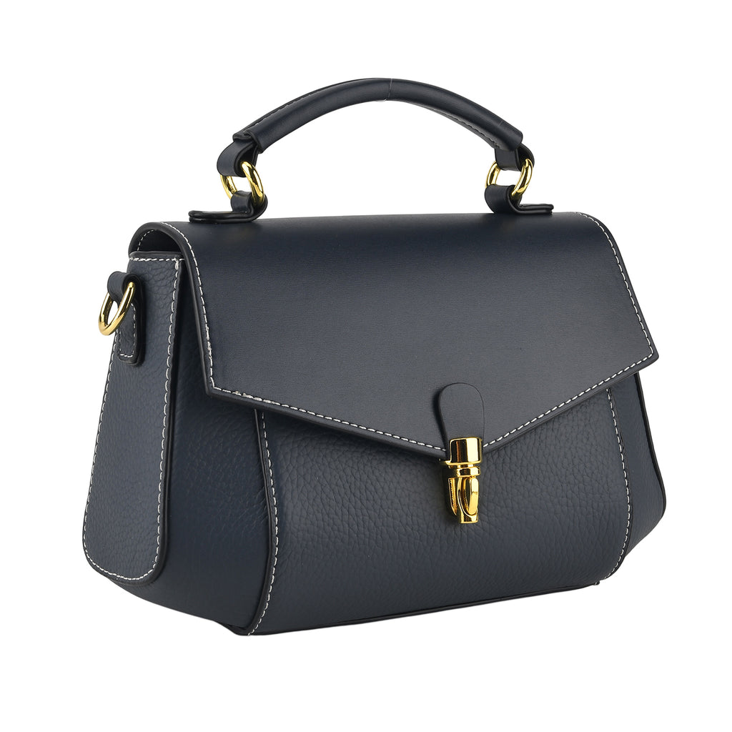 Genuine Leather Flap Over Satchel Crossbody Bag with 2 Straps - Navy_8566687_7
