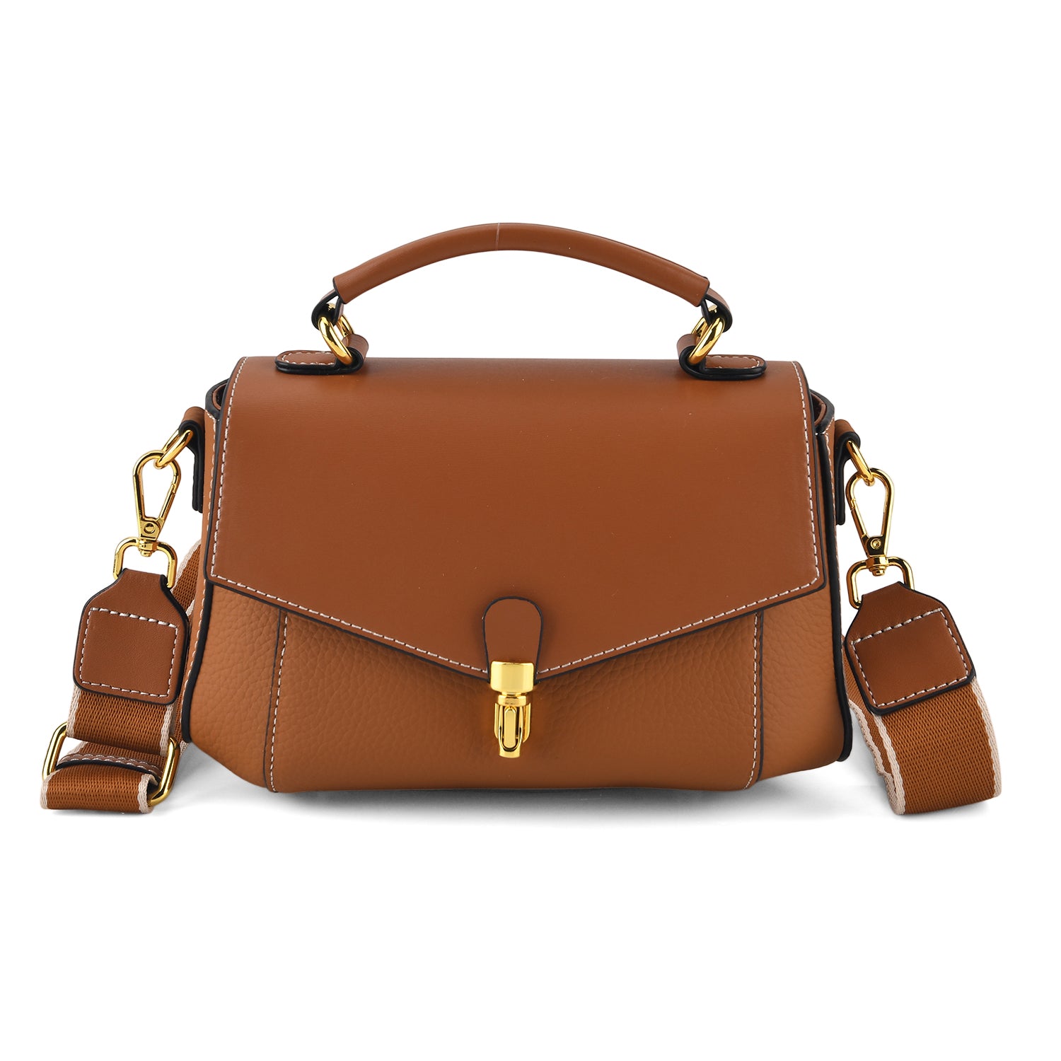 Genuine Leather Flap Over Satchel Crossbody Bag with 2 Straps - Dark Green - Windsor Tan V32520733 0