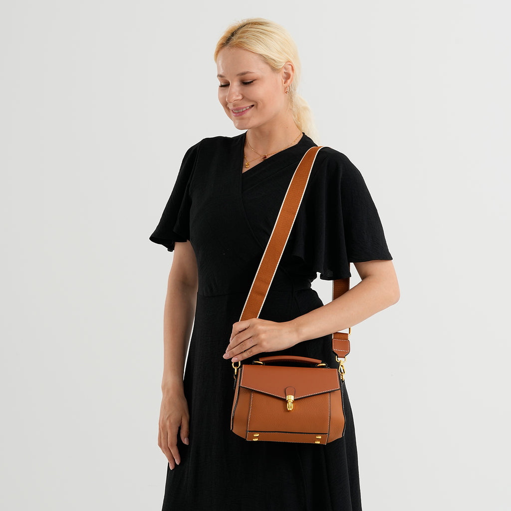 Genuine Leather Flap Over Satchel Crossbody Bag with 2 Straps - Dark Green - Windsor Tan_8566688_2