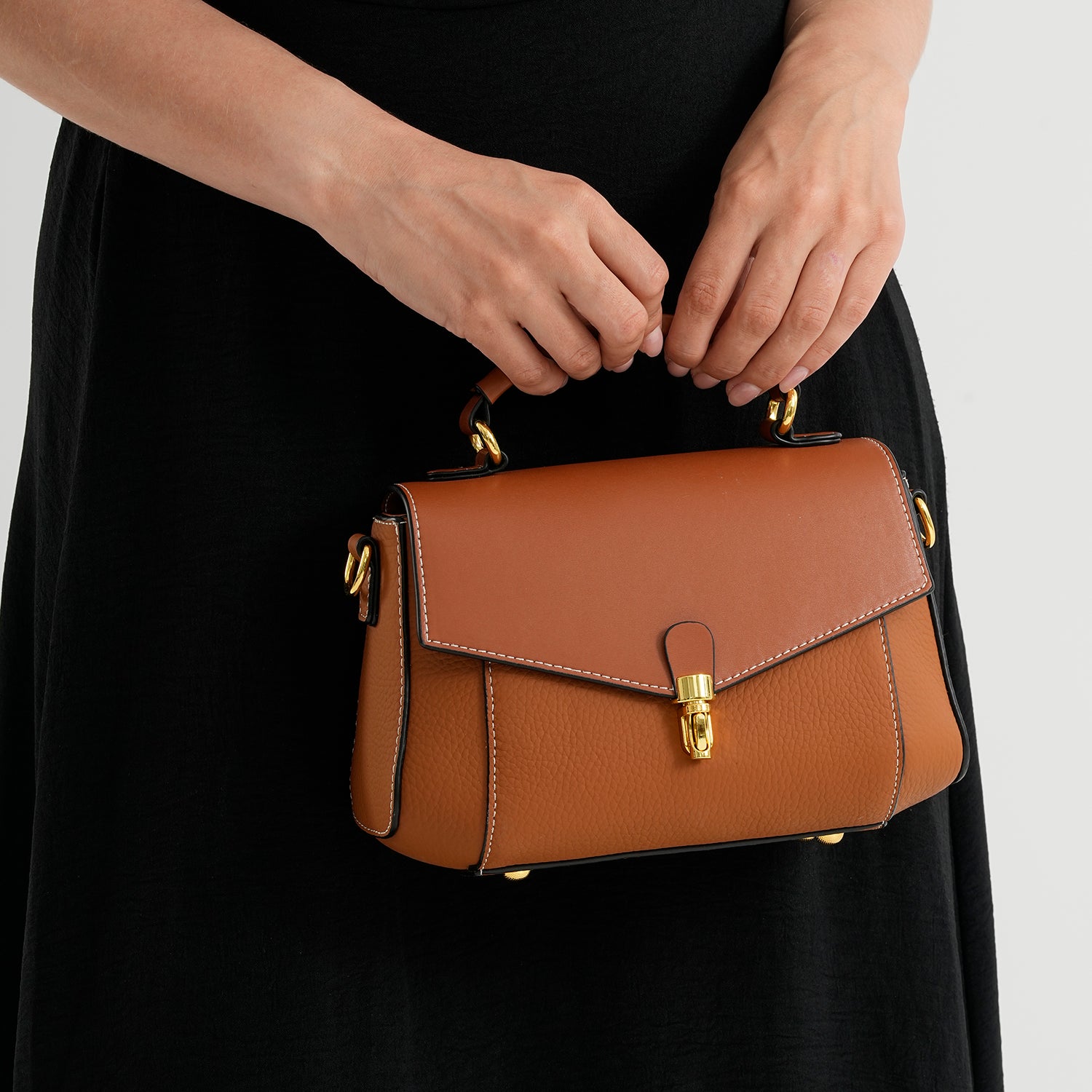 Genuine Leather Flap Over Satchel Crossbody Bag with 2 Straps - Dark Green - Windsor Tan V32520733 3