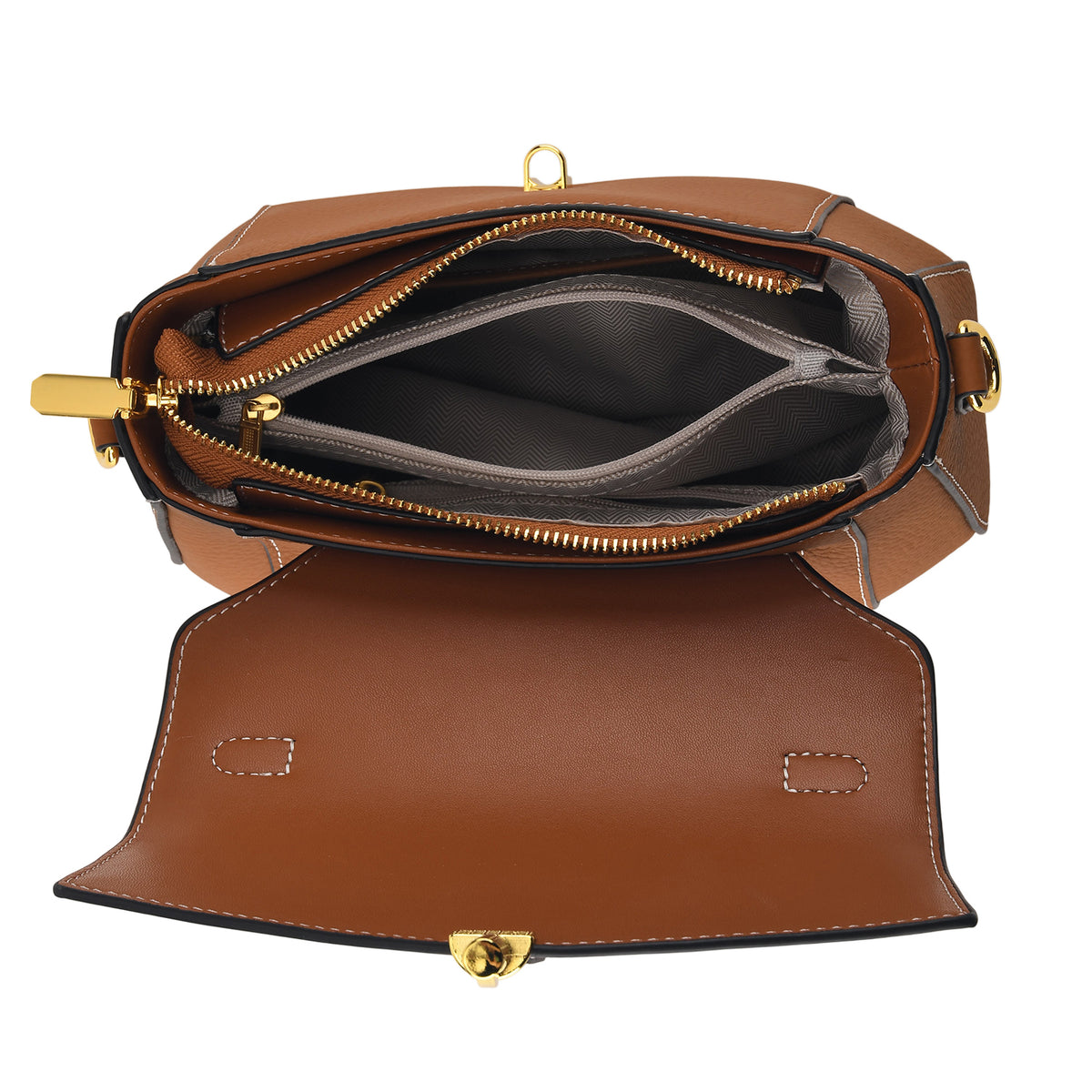 Genuine Leather Flap Over Satchel Crossbody Bag with 2 Straps - Dark Green - Windsor Tan V32520733 5