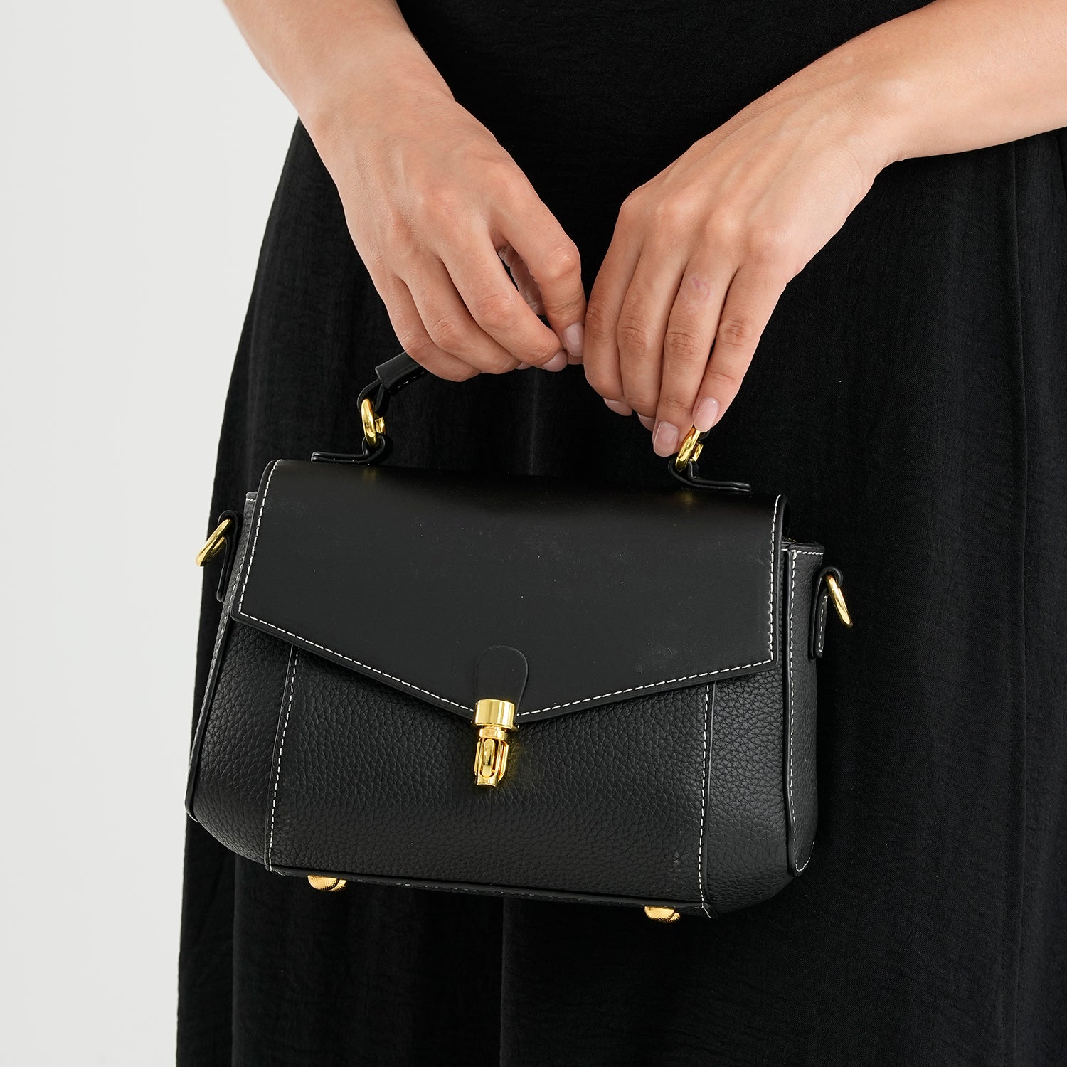 Genuine Leather Flap Over Satchel Crossbody Bag with 2 Straps - Dark Green - Black V32519035 3
