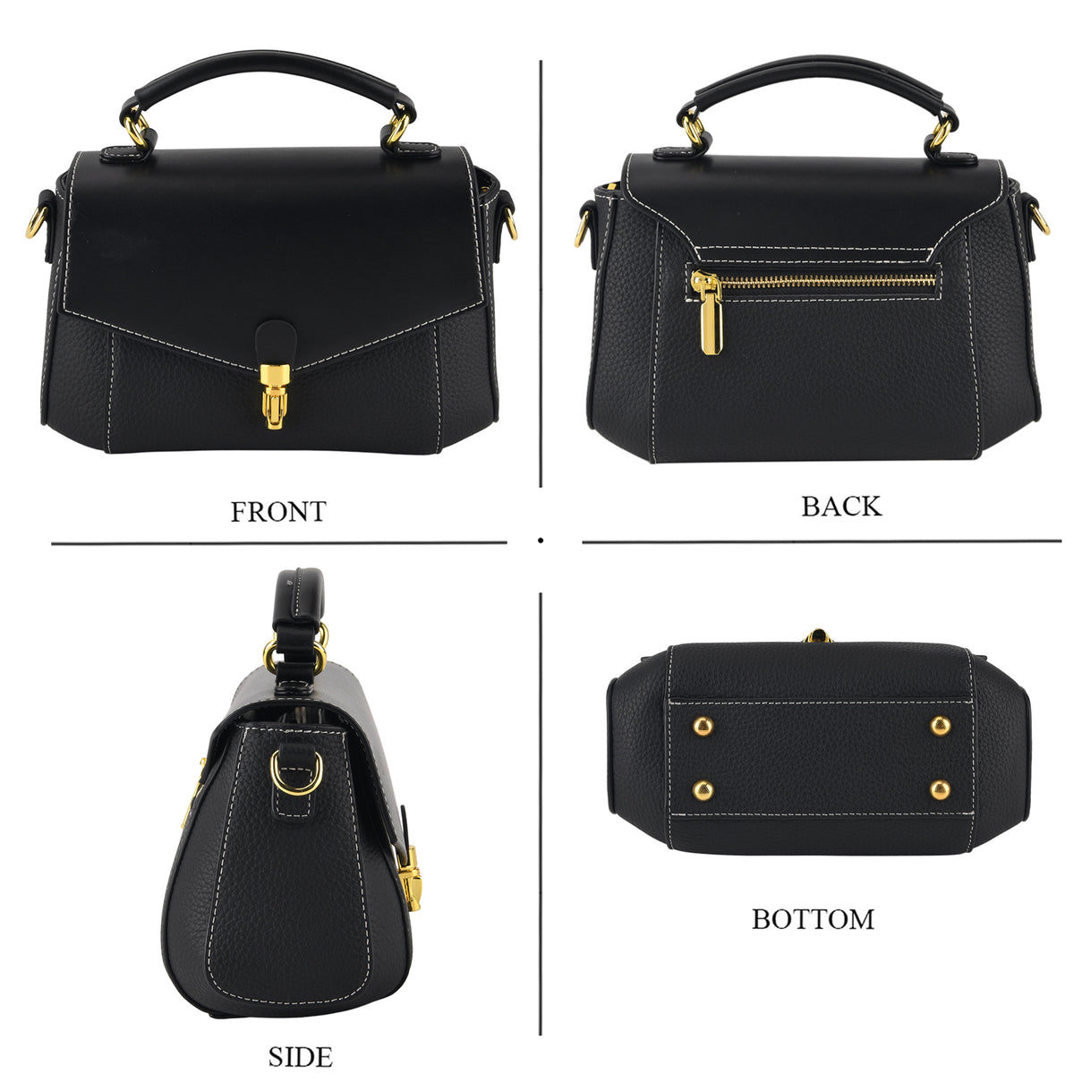 Genuine Leather Flap Over Satchel Crossbody Bag with 2 Straps - Dark Green - Black V32519035 4