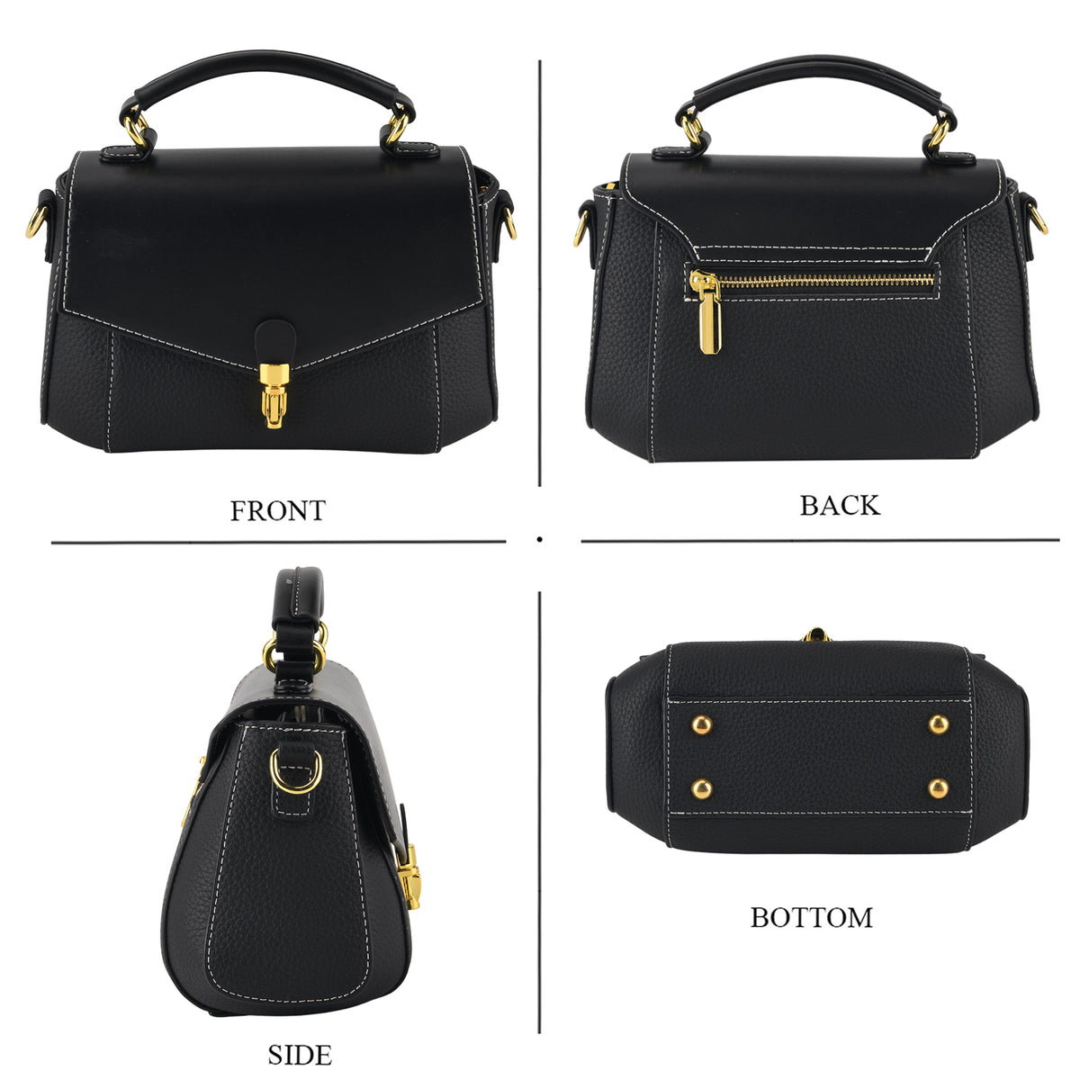 Genuine Leather Flap Over Satchel Crossbody Bag with 2 Straps - Dark Green - Black V32519035 4