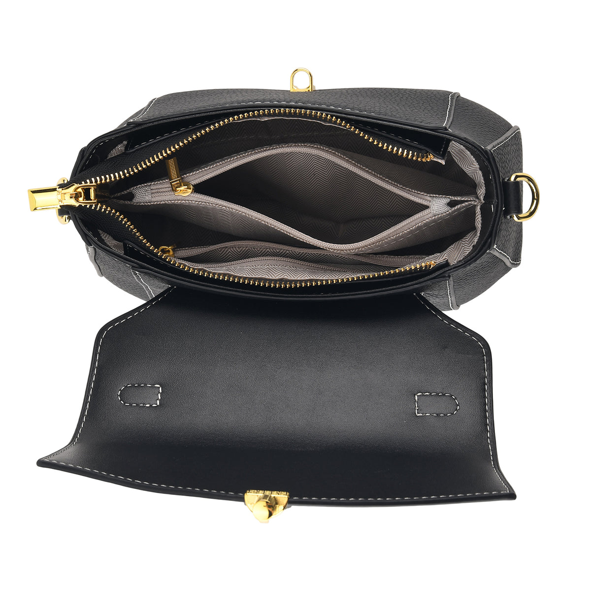 Genuine Leather Flap Over Satchel Crossbody Bag with 2 Straps - Dark Green - Black V32519035 5